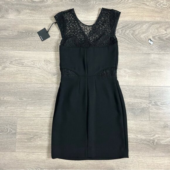 The Kooples Robe Lace & Leather Mini Dress Crepe Cap sleeve Black Size XS - Picture 13 of 16